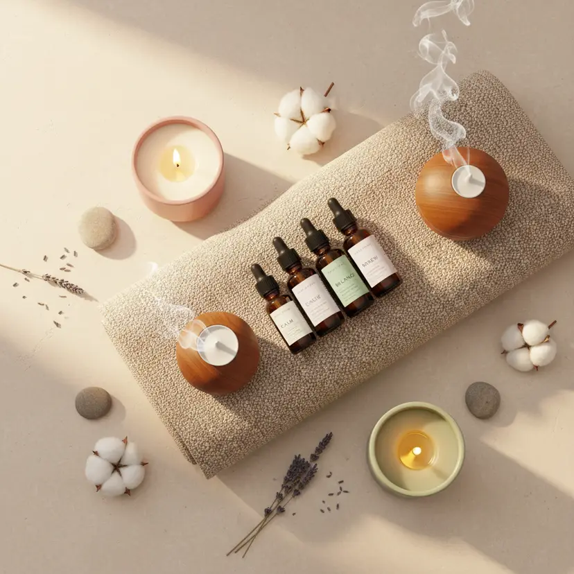 Conceptual aromatic oils and botanicals beside a towel