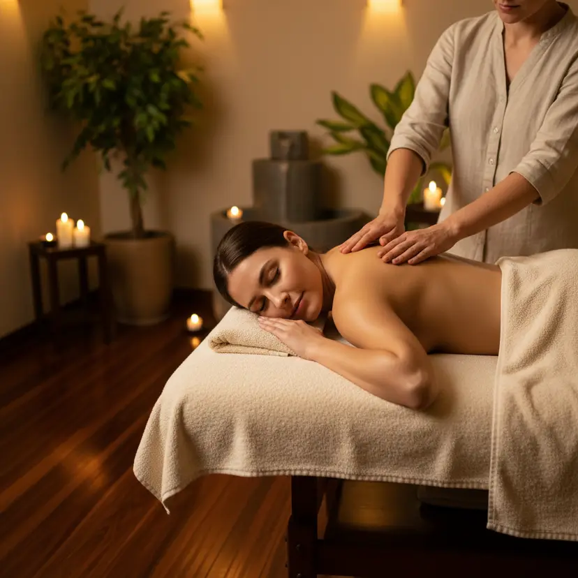 Illustrative firm-pressure massage in a softly lit room