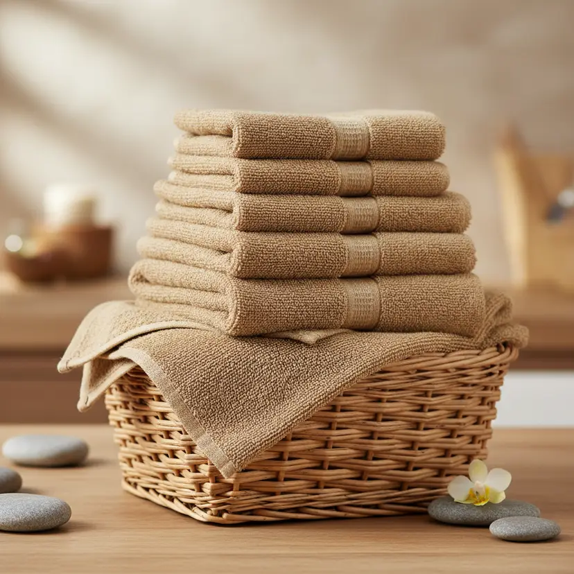 Conceptual spa scene with warm light, stones and orchid on folded towels