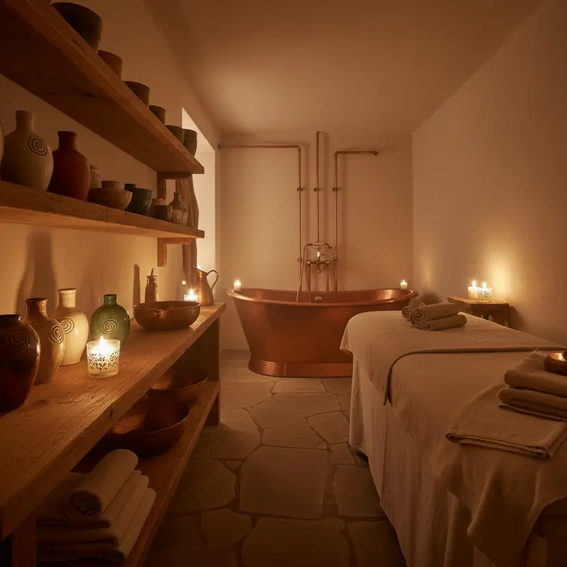 Conceptual spa treatment room with soft towels and warm light