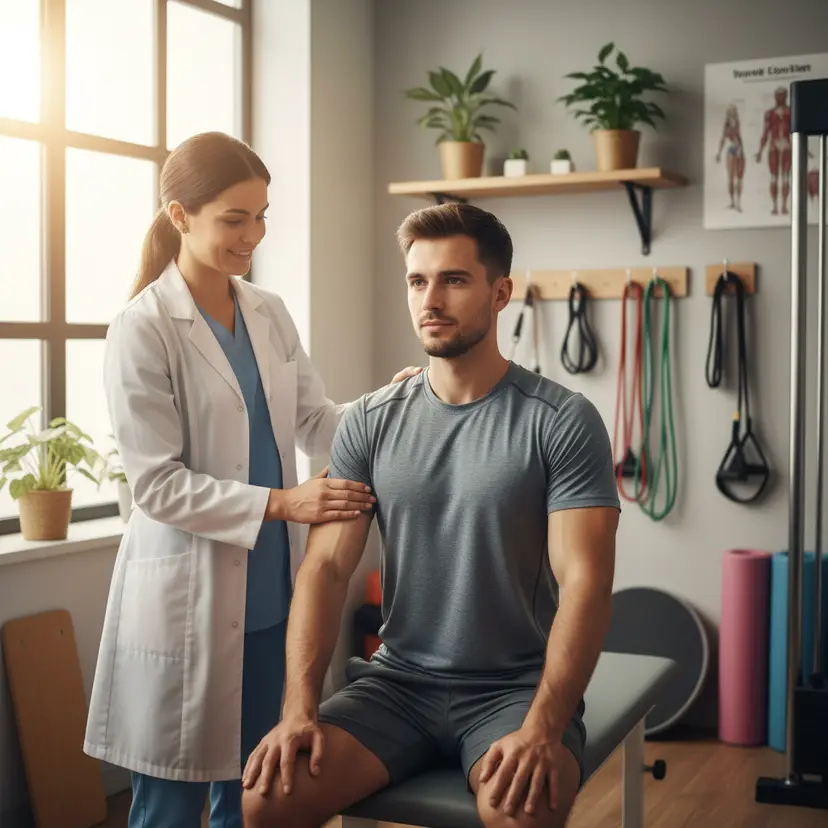 Therapist working on a client’s shoulder in a clean, modern treatment room