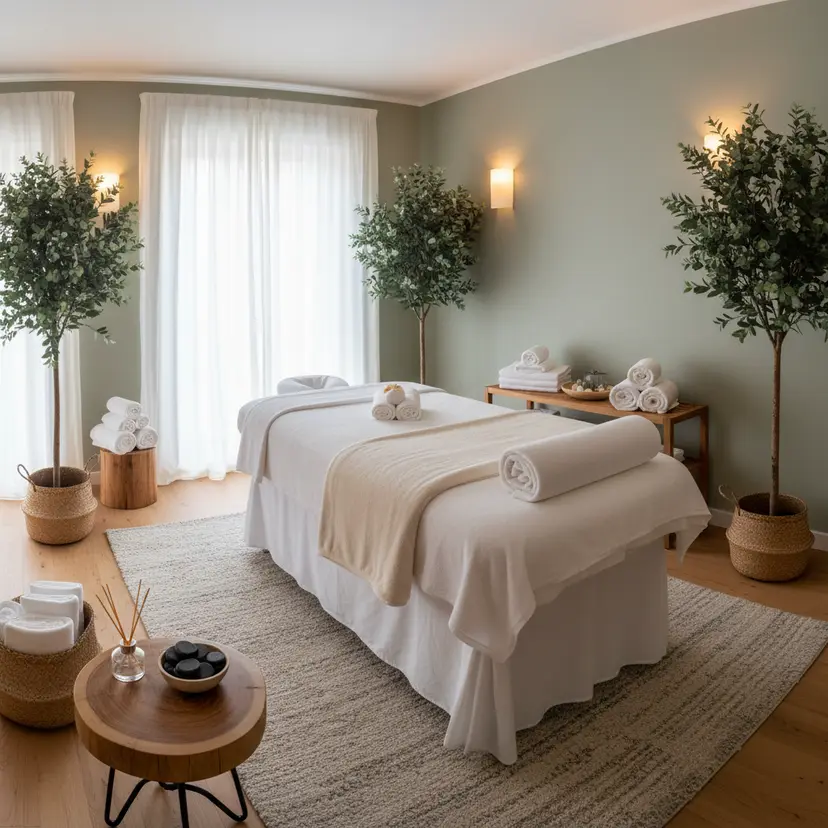 Peaceful massage space with a neatly prepared mat and soft natural light